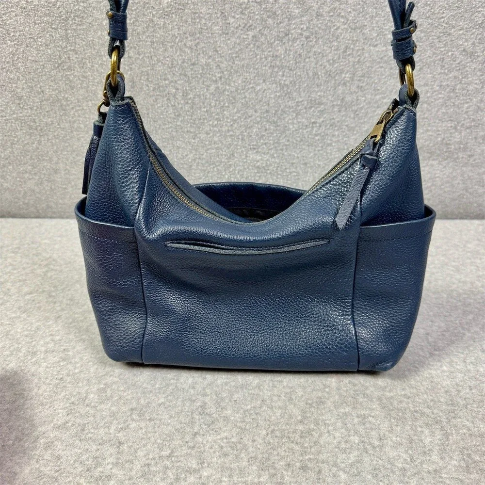 The Sak Hobo Shoulder Bag Womens Small Blue Pebbled Tassel Double Zip